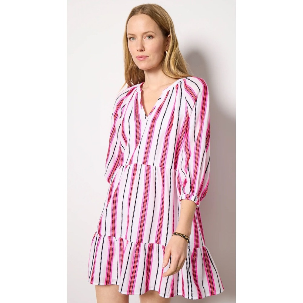 Evereve Cassidy Dress Womens Small Pink Redstripe‎ Tiered Resort Coastal Beachy